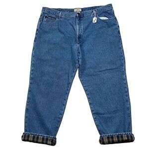 LL Bean Mens Natural Fit Plaid Flannel Lined Jeans 44x29 Blue Denim Straight VTG
